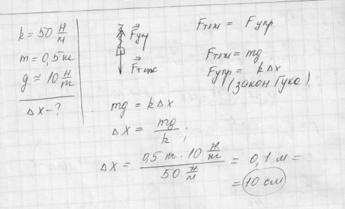 До динамометра з жорскiстю пружини 50н/м пiдвiсили тiло масою 500г. визначити абсолютне подовження п