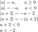 |a|=a,\ \ \ \ \ a\geq0\\|a|=-a,\ \ \ a<0\\|a+2|=-a-2\\|a+2|=-(a+2)\\a+2<0\\a<-2