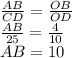  \frac{AB}{CD} = \frac{OB}{OD} &#10;\\\&#10; \frac{AB}{25} = \frac{4}{10} &#10;\\\&#10;AB=10