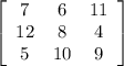 \left[\begin{array}{ccc}7&6&11\\12&8&4\\5&10&9\end{array}\right]