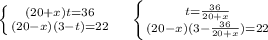 \left \{ {{(20+x)t=36} \atop {(20-x)(3-t)=22} \right. \ \ \ \left \{ {{t=\frac{36}{20+x}} \atop {(20-x)(3-\frac{36}{20+x})=22} \right. \ \ 