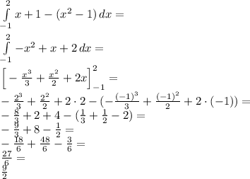 \\\int \limits_{-1}^2 x+1-(x^2-1) \, dx=\\ \\\int \limits_{-1}^2 -x^2+x+2 \, dx=\\ \Big[-\frac{x^3}{3}+\frac{x^2}{2}+2x\Big]_{-1}^2=\\ -\frac{2^3}{3}+\frac{2^2}{2}+2\cdot2-(-\frac{(-1)^3}{3}+\frac{(-1)^2}{2}+2\cdot(-1))=\\ -\frac{8}{3}+2+4-(\frac{1}{3}+\frac{1}{2}-2)=\\ -\frac{9}{3}+8-\frac{1}{2}=\\ -\frac{18}{6}+\frac{48}{6}-\frac{3}{6}=\\ \frac{27}{6}=\\ \frac{9}{2} 