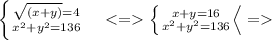 \left \{ {{\sqrt{(x+y)}=4} \atop {x^2+y^2=136}} \right\ \ \ <= \left \{ {{x+y}=16} \atop {x^2+y^2=136}} \right<=