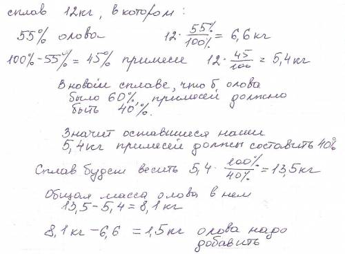 Сколько чистого олова надо добавить к 12 кг сплава,содержащего 55% олова чтобы в новом сплаве было 6