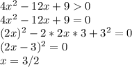 4x^{2}-12x+90\\ 4x^{2}-12x+9=0\\ (2x)^{2}-2*2x*3+3^{2}=0\\ (2x-3)^{2}=0\\ x=3/2\\