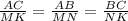  \frac{AC}{MK} = \frac{AB}{MN} = \frac{BC}{NK}