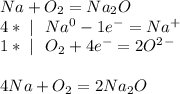 Na+O_2=Na_2O\\\ \ \ 4*\ |\ \ Na^0-1e^-=Na^+\ \\ 1*\ |\ \ O_2+4e^-=2O^2^-\\ \\4Na+O_2=2Na_2O