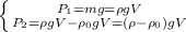 \left \{ {{P_1=mg=\rho g V} \atop {P_2=\rho gV-\rho_0 g V=(\rho-\rho_0)gV}} \right. 