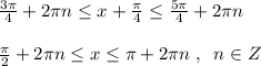 \frac{3\pi }{4}+2\pi n \leq x+\frac{\pi}{4} \leq \frac{5\pi }{4}+2\pi n\\\\\frac{\pi}{2}+2\pi n \leq x \leq \pi +2\pi n\; ,\; \; n\in Z