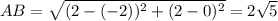 AB=\sqrt{(2-(-2))^2+(2-0)^2}=2\sqrt{5}