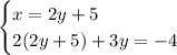 \begin{cases} x=2y+5\\2(2y+5)+3y=-4 \end{cases}