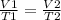 \frac{V1}{T1}=\frac{V2}{T2}