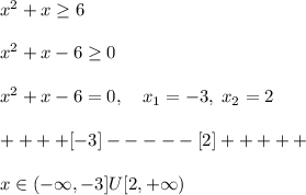 x^2+x \geq 6\\\\x^2+x-6 \geq 0\\\\x^2+x-6=0,\quad x_1=-3,\; x_2=2\\\\+ + + + [-3]- - - - -[2]+ + + + +\\\\x\in (-\infty,-3]U[2,+\infty)