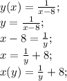 y(x)=\frac{1}{x-8};\\ y=\frac{1}{x-8};\\ x-8=\frac{1}{y};\\ x=\frac{1}{y}+8;\\ x(y)=\frac{1}{y}+8;