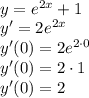 \\y=e^{2x}+1\\ y'=2e^{2x}\\ y'(0)=2e^{2\cdot0}\\ y'(0)=2\cdot1\\ y'(0)=2