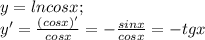 y= ln cos x;\\ y'=\frac{(cos x)'}{cos x}=-\frac{sin x}{cos x}=-tg x