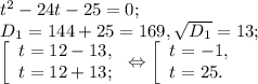 t^{2} -24t-25=0;\\D{_1} = 144+25=169, \sqrt{D{_1}} =13;\\\left [ \begin{array}{lcl} {{t=12-13,} \\ {t=12+13;}} \end{array} \right.\Leftrightarrow \left [ \begin{array}{lcl} {{t=-1,} \\ {t=25.}} \end{array} \right.