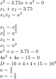 x^2-3.75x+a^3=0\\&#10;x_{1}+x_{2}=3.75\\&#10;x_{1}x_{2}=a^3\\\\&#10; x_{1}=x_{2}^2\\&#10; x_{2}^3=a^3\\&#10; x_{2}=a\\&#10;x_{1}=a^2\\&#10; a^2+a-3.75=0\\&#10; 4a^2+4a-15=0\\&#10; D=16+4*4*15=16^2\\&#10; a=\frac{3}{2}\\&#10; a=-\frac{5}{2}&#10;&#10;