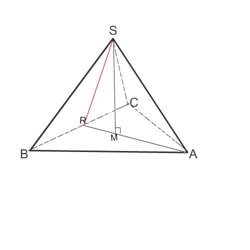 Вправильной треугольной пирамиде sавс r=середина ребра вс,s-вершина.известно,что вс=4,а sм=3.найдите