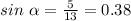 sin\ \alpha = \frac{5}{13} = 0.38