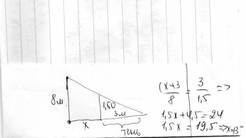 Длина тени человека стоящий около фонарного столба высотой 8 м. состоящий 3 м. определите удаленност
