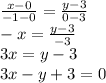 \frac{x-0}{-1-0}=\frac{y-3}{0-3} \\ -x=\frac{y-3}{-3} \\ 3x=y-3 \\ 3x-y+3=0