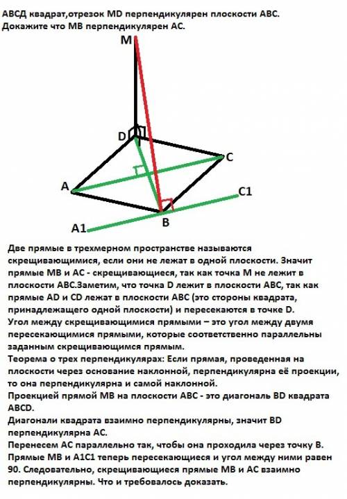 Авсд квадрат,отрезок мд перпендикулярен плоскости авс.докажите что мв перпендикулярен ас