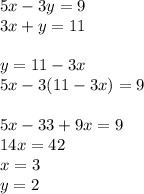 5x-3y=9\\&#10;3x+y=11\\\\&#10;y=11-3x\\&#10;5x-3(11-3x)=9\\\\&#10;5x-33+9x=9\\ &#10; 14x=42\\&#10; x=3\\&#10; y=2\\\\&#10;