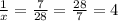 \frac{1}{x} = \frac{7}{28} = \frac{28}{7} = 4