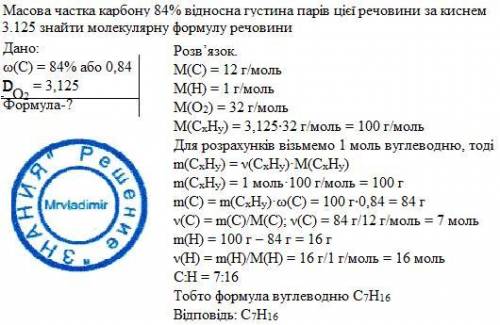 Масова частка карбону 84% відносна густина парів цієї речовини за киснем 3.125 знайти молекулярну фо