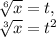 \sqrt[6]{x} =t, \\ \sqrt[3]{x} =t ^{2}