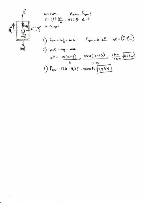 Лифт поднимается вверх с ускорением 4м/c2. в лифте на пружине жесткостью 1,12кн/м висит груз массой 