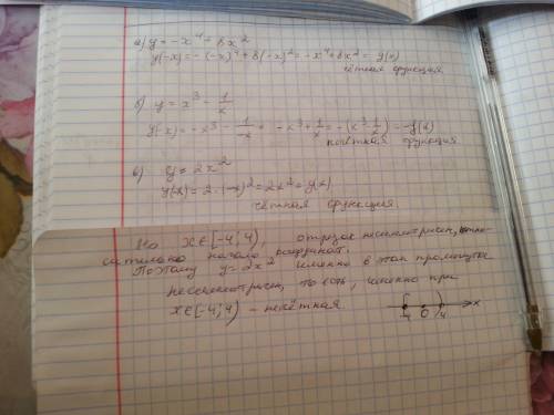 Исследуйте функцию на четность: а. y=-x^4+8x^2 b. y=x^3-1/x c. y=2x^2, x э [-4: 4)