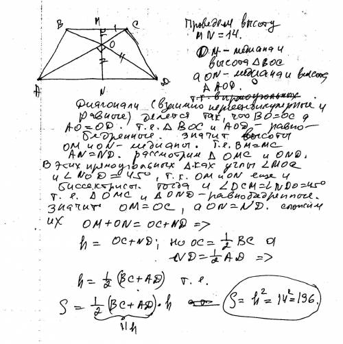 Вравнобедренной трапеции диагонали взаимно перпендикулярны, высота трапеции равна 14 см. найдите пло