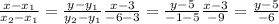 \frac{x-x_{1}}{x_{2}-x_{1}}=\frac{y-y_{1}}{y_{2}-y_{1}} \frac{x-3}{-6-3}=\frac{y-5}{-1-5} \frac{x-3}{-9}=\frac{y-5}{-6}