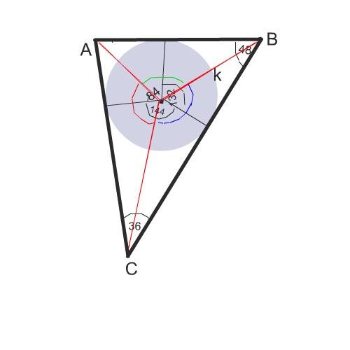 Два угла треугольника равны 36 градусов и 48 градусов. под какими углами видны его стороны из центра