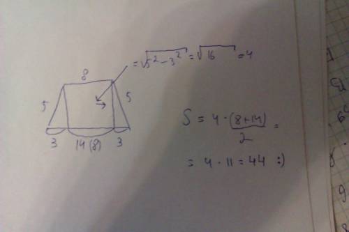 Как найти площадь равнобедренной трапеции не строя ее, со сторонами: основания- 8 и 14 см боковые ст
