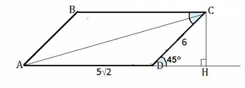 Стороны параллелограмма 5 корней из 2 см и 6 см, а один из углов параллелограмма 45 градусов. найдит