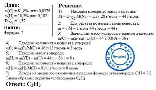 Найти молекулярную формулу вещества, содержащего 81.8% углерода и 18.2% водорода. относительная плот