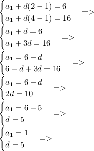 \begin{cases} a_1+d(2-1)=6\\a_1+d(4-1)=16 \end{cases}=\\ \begin{cases} a_1+d=6\\a_1+3d=16 \end{cases}=\\ \begin{cases} a_1=6-d\\6-d+3d=16 \end{cases}=\\ \begin{cases} a_1=6-d\\2d=10 \end{cases}=\\ \begin{cases} a_1=6-5\\d=5 \end{cases}=\\ \begin{cases} a_1=1\\d=5 \end{cases}=\\