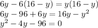 6y-6(16-y)=y(16-y)\\ 6y-96+6y=16y-y^2\\ y^2-4y-96=0