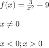 f(x)=\frac{3}{x^2}+9 \\ \\x\neq 0 \\ \\x < 0; x 0