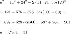 a^2=11^2+24^2-2\cdot 11\cdot 24\cdot cos120^0=\\\\=121+576-528\cdot cos(180-60)=\\\\=697+528\cdot cos60=697+264=961\\\\a=\sqrt{961}=31