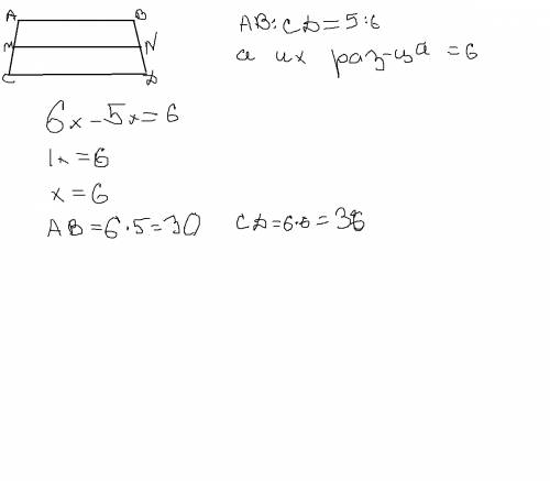 Основания трапеции относятся как 5: 6,а их разность равна 6 см.найдите среднюю линию трапеции