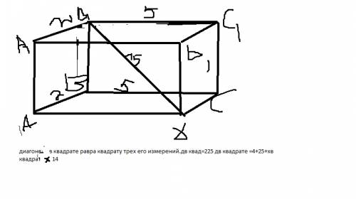 Известно, что в прямоугольном параллелепипеде abcda1b1c1d1 диагональ db1 равна 15, ab=2, b1c1=5. най