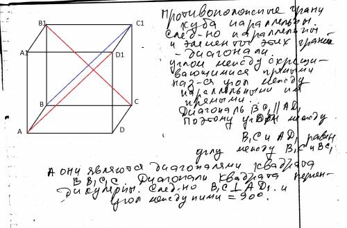 Авсда1в1с1д1 куб. найдите угол между скрещивающимися прямыми ад1 и в1с