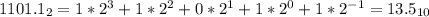 1101.1_2 = 1*2^3+1*2^2+0*2^1+1*2^0+1*2^{-1} = 13.5_{10}