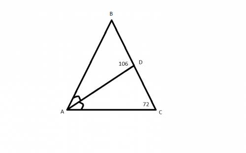 Втреугольнике авс угол с равен 72 градуса, аd - биссектриса угла а. угол вdа равен 106 градусов. най