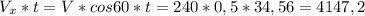 V_{x} * t = V * cos 60 * t = 240 * 0,5 * 34,56 = 4147,2 