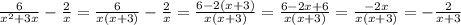 \frac{6}{x^2+3x}-\frac{2}{x}=\frac{6}{x(x+3)}-\frac{2}{x}=\frac{6-2(x+3)}{x(x+3)}=\frac{6-2x+6}{x(x+3)}=\frac{-2x}{x(x+3)}=-\frac{2}{x+3}